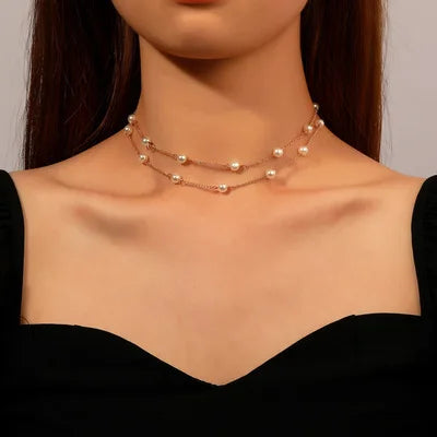 Hot Simple Collares Gold Color Chain Necklace Statement Multi-layer Pearl Chocker Necklace for Women Jewelry Birthday Gift