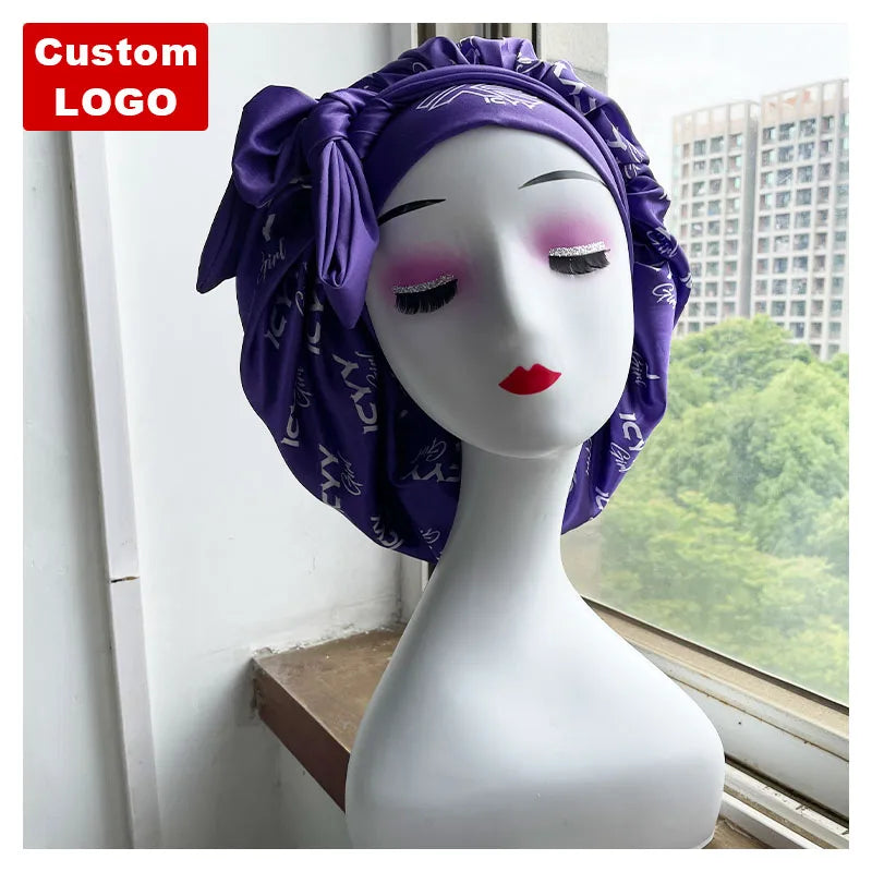 Custom logo Long Large Braid Hair Head Sleeping Stain Bonnets and Satin Silk Hair Wraps With Tie and Scarf