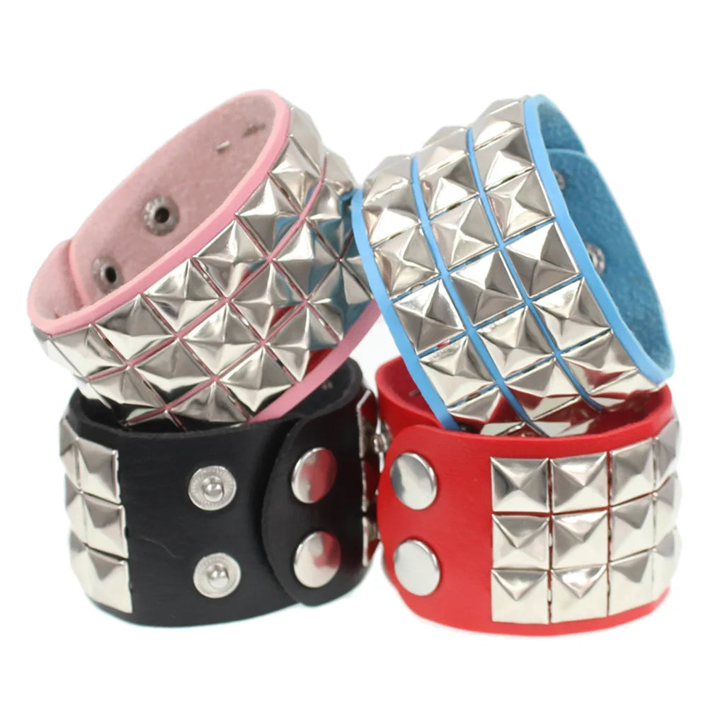 Fashion Bracelets Punk Personality Hip Hop Three Rows Riveted square Fashion Leather Men Bracelet Bangle