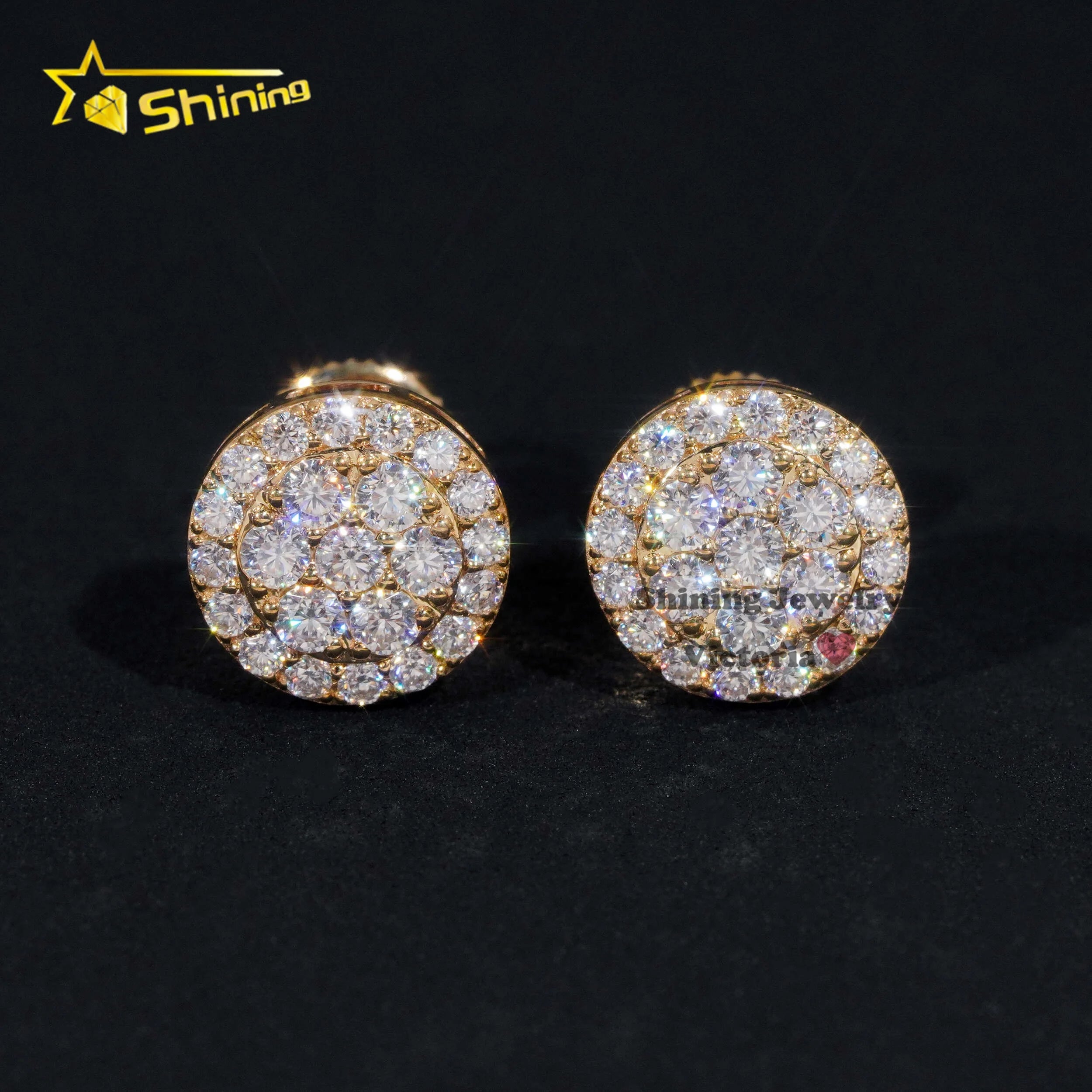 New Arrival Hip Hop Cluster Diamond 10MM Round Shape Screw Back 10K Real Gold Moissanite Stud Earrings
