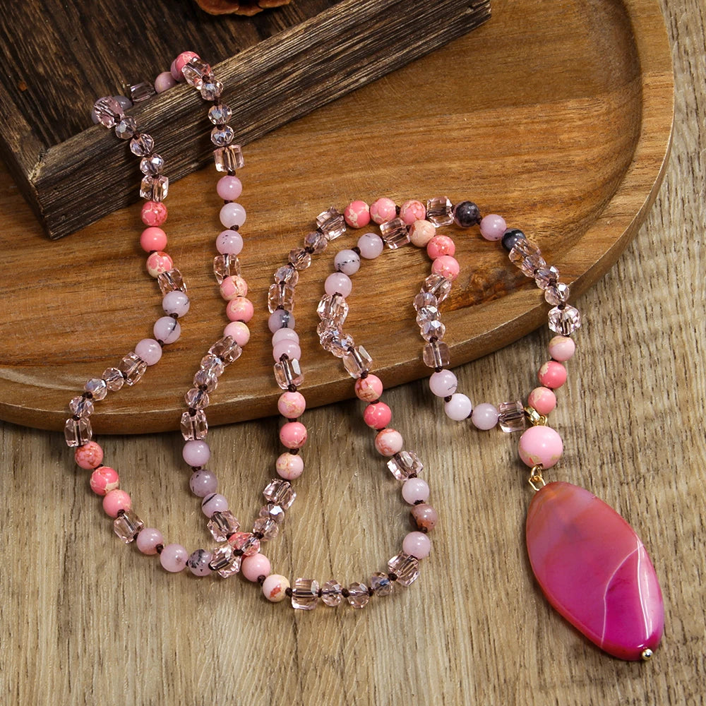 New Fashion Vintage Bohemian Personalized Women Jewelry 6mm Natural Stone Knot Necklace Oval Geometry Agate Pendant Necklace