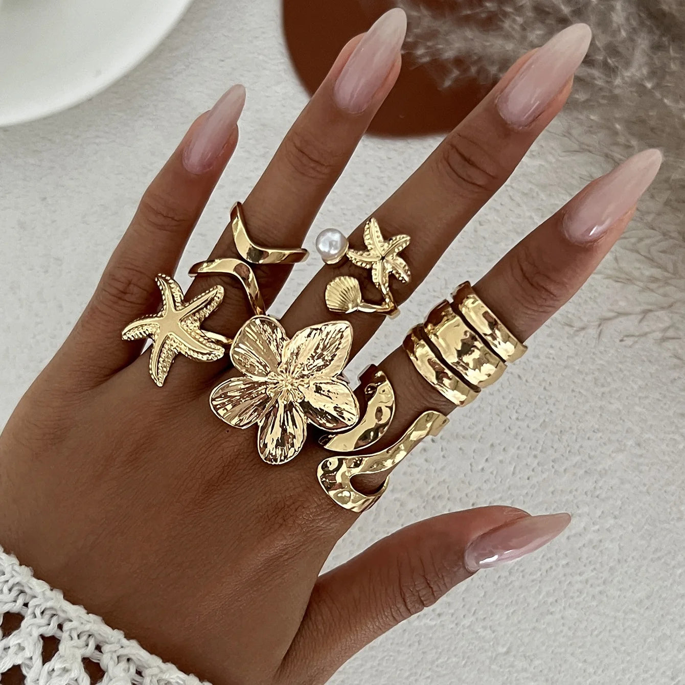6Pcs/Set Vintage Open Irregular Starfish Small Flower Ring for Women Trendy Lady Stacked Finger Ring Fashion Jewelry Accessories