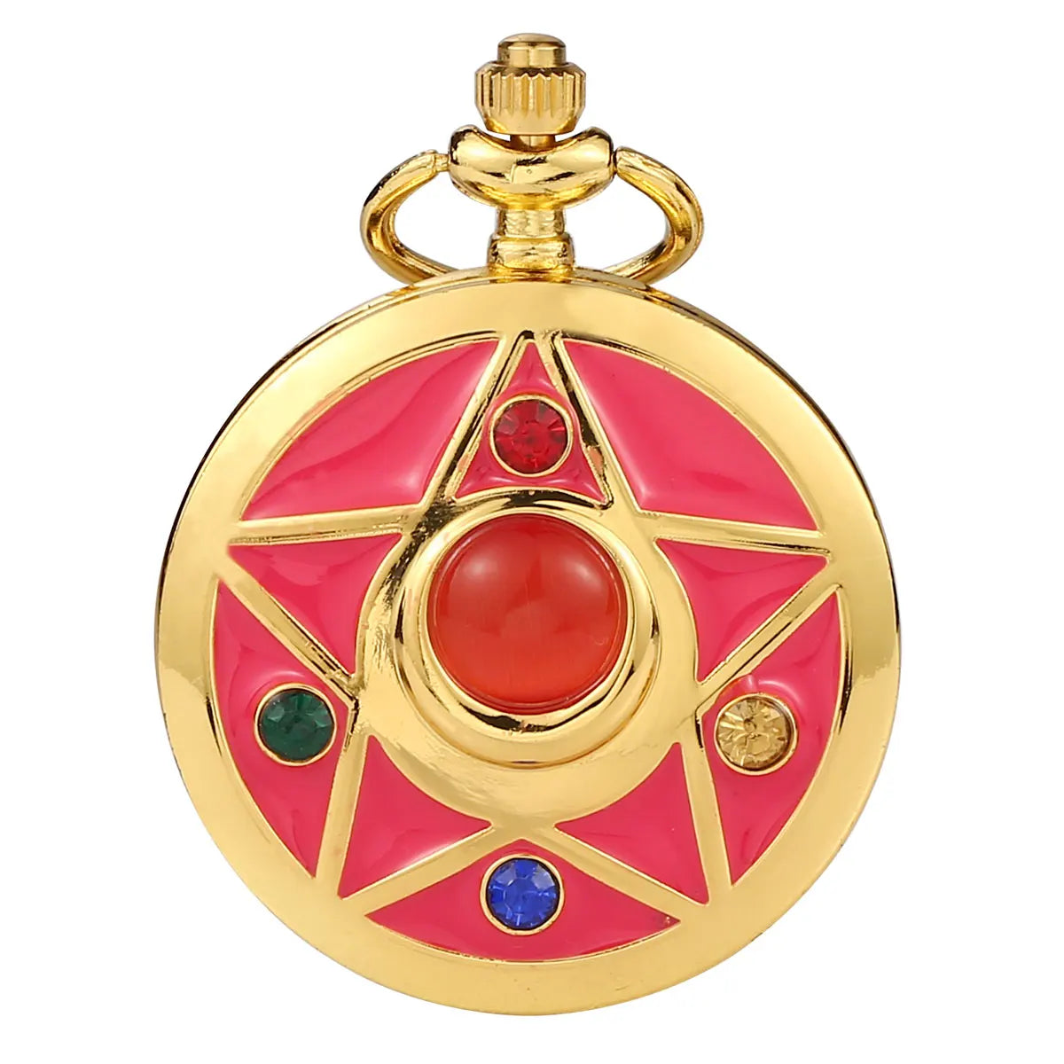 BOSHIYA Sailor Moon Gold Rhinestone Star Quartz Pocket Watches for Girl Women with Chain Necklace Cosplay Accessories Gifts Box