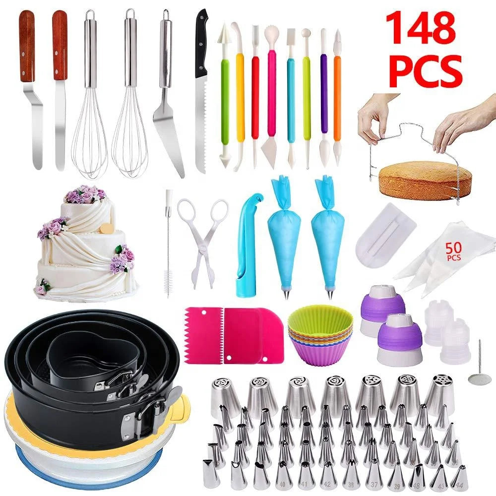 Factory Custom 148-Piece Complete Set Perfect Cake Decoration Baking Tools Kit Including Rotating Cake Stand Turntable Tools