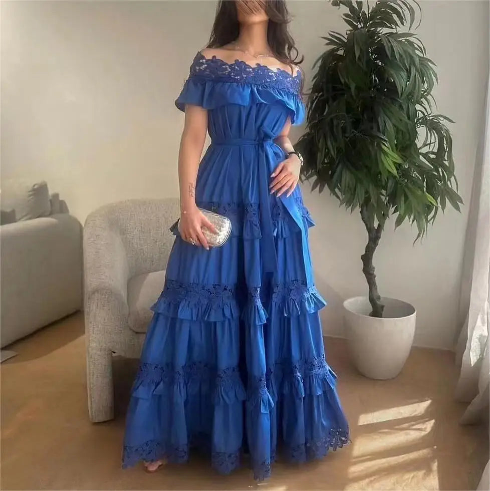 2024 New Spring Style Lady Style One-line Collar Lace Splicing Lace-up Waist Large Dress Women