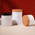 Popular 120ml 150ml 200ml 250ml 300ml 500ml White Plastic Container Cosmetic PET Jar with Wood Grain Lid