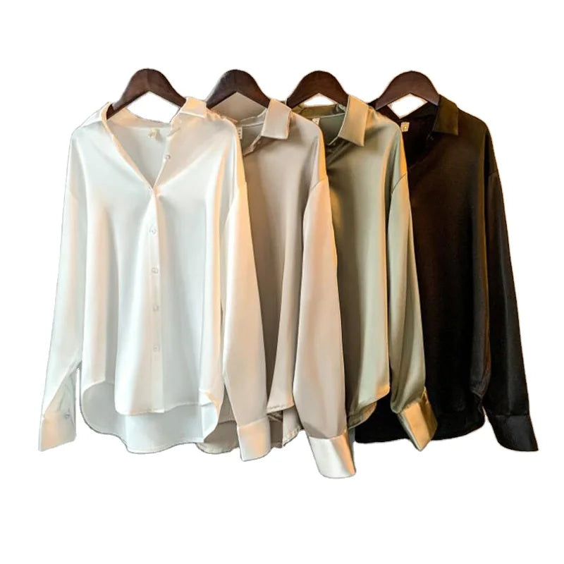 Spring Solid Color Satin Blouse Women Single Breasted Long Sleeve Female Blouse Vintage New Elegant Imitation-Silk Tops