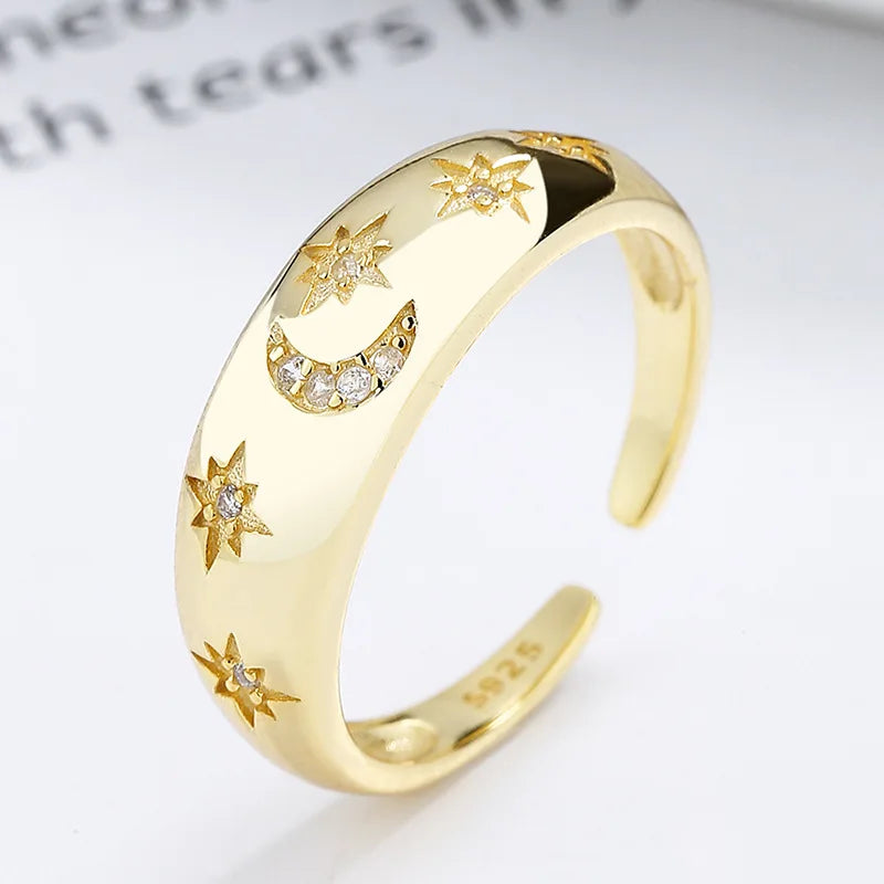 Fine Jewelry Silver 925 Rings Women 18K Gold Plated 925 Sterling Silver Star and Moon Zircon Ring Adjustable Silver Wedding Ring