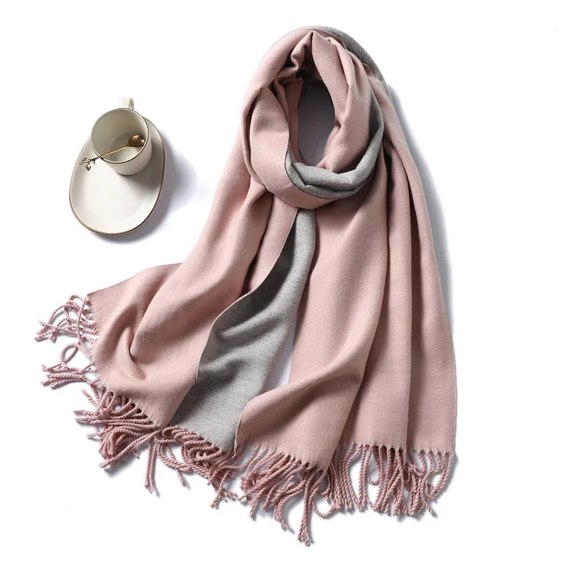Simple Solid Color Cashmere Shawls for Men Winter Thickening Warmth With Tassels Double-sided Two-color Scarf for Women Adult