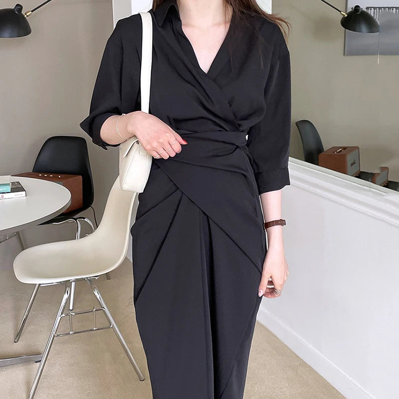 Wholesale 2026 Autumn Korean Chic Minimalist French Lapel Cross Elegant Commuting Design Slim High Waist Half Sleeve Women Dress