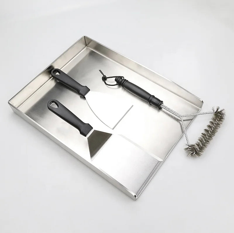 Set of Stainless Steel Griddle Plate Pan for Outdoor Grill Stove Cooking with Scraper Spatula and Cleaning Bristles Brush