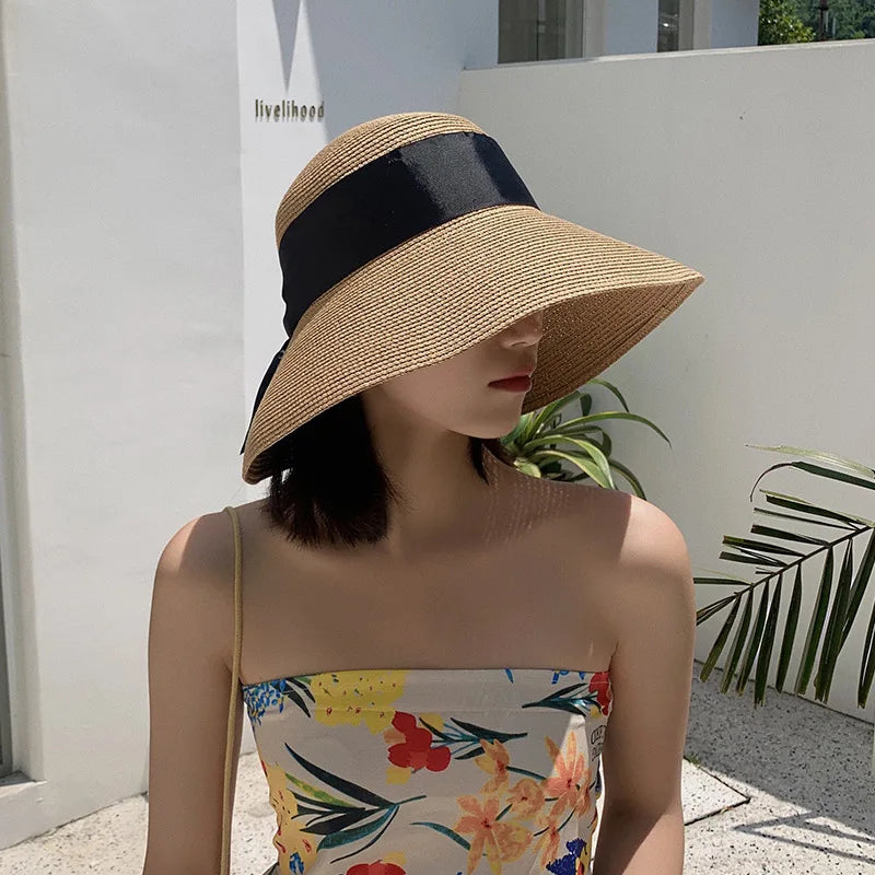 Summer Fashion Wide Brim Ribbon Bow Straw Hat for Women Girls Sun Beach Basin Caps Panama Cap Foldable