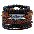 New Arrival Punk Style Black Stone Beaded Braided Leather Custom Engraving Believe Faith Bracelets
