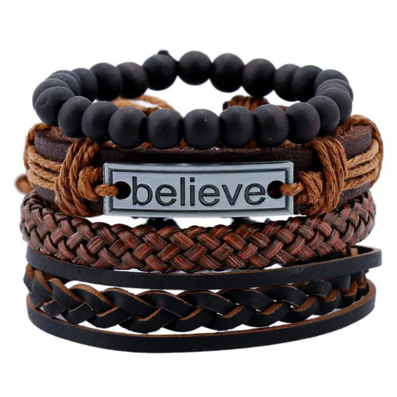 New Arrival Punk Style Black Stone Beaded Braided Leather Custom Engraving Believe Faith Bracelets