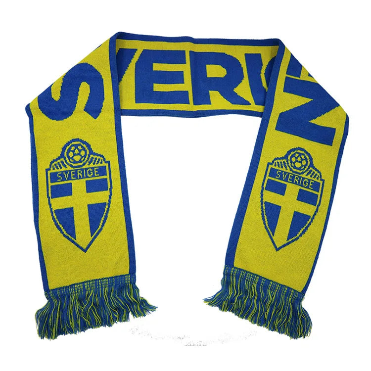 Custom Design Sverige Ice Hockey Logo Acrylic Jacquard Woven Knit Sports Basketball Club Fans Souvenir Slogan Scarf