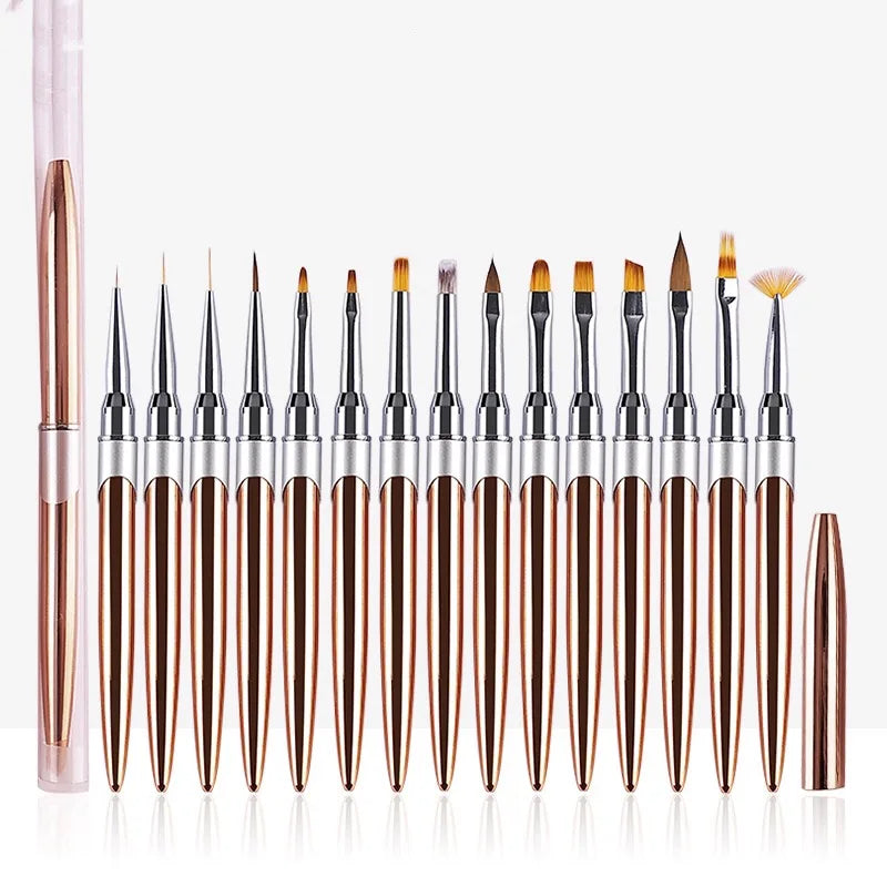 Wholesale 15 Styles Rose Gold Metal Handle Acrylic Nail Brushes Nylon Hair Nail Liner Brush UV Gel Nail Painting Pen