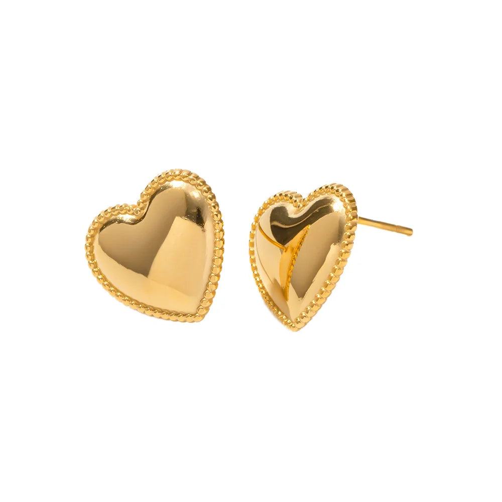 Cute Gold Plated Trendy Heart-Shaped Pendant Earrings for Women Chunky Stainless Steel Studs Glossy Layering Jewelry