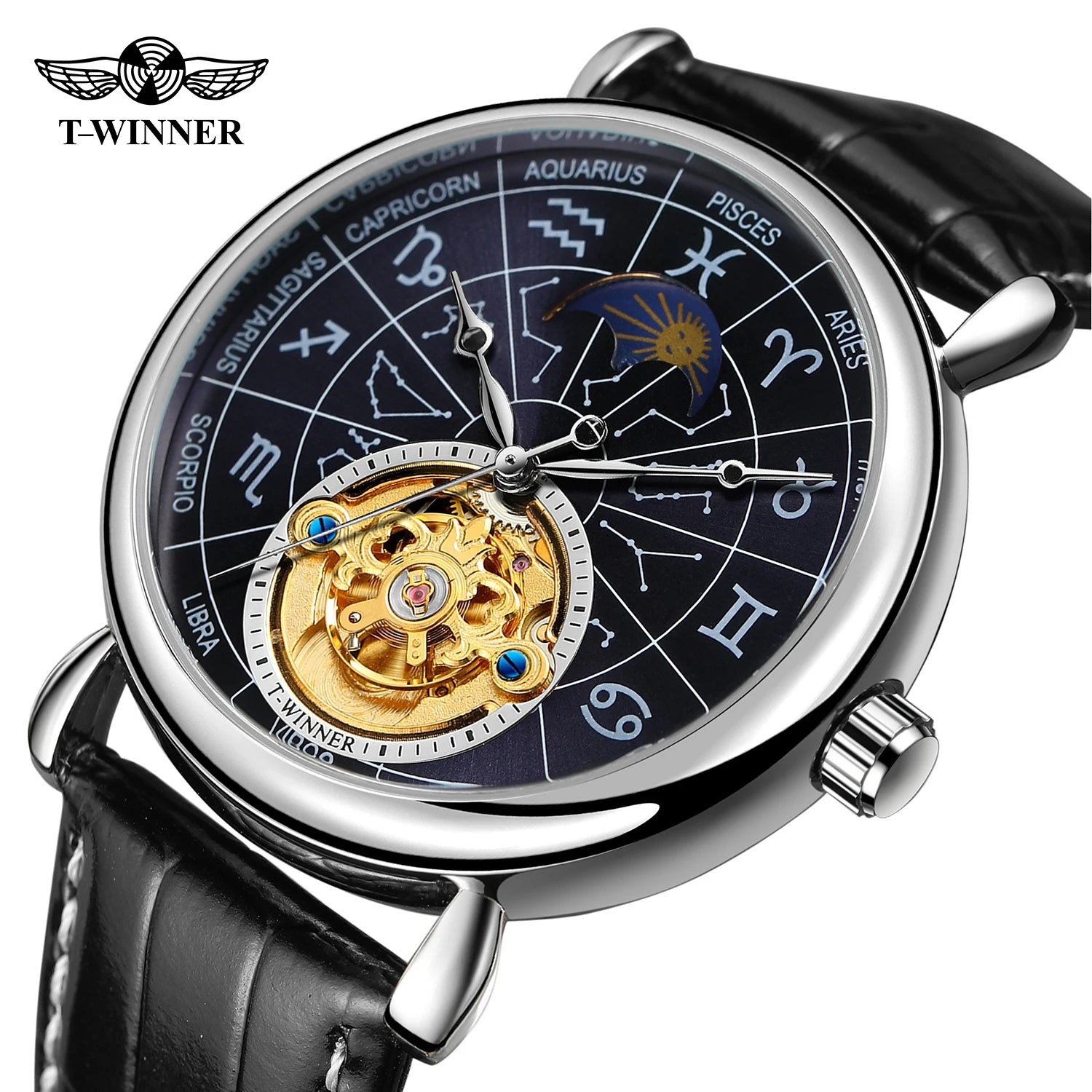 T-Winner Custom Logo Moon Phase Automatic Diver Dive Mechanical Man Mens Genuine Leather Watch Wristwatches