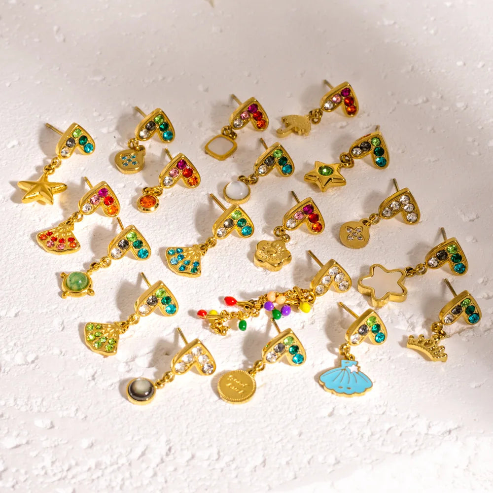 1pcs Vacation Style Shiny Rhinestone Stud Earrings Multi Designs Gold Plated Stainless Steel Studs Statement Earrings