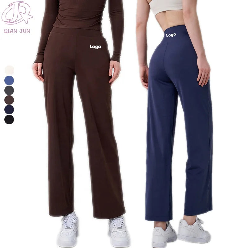 2025 Custom Logo Women's Yoga Pants High Waist Straight Leg Elastic Material Sports Pants With Pockets Solid Color Print Pattern