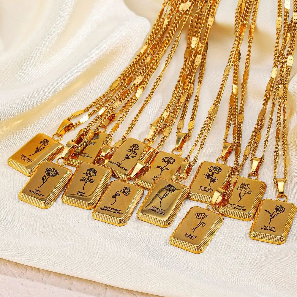 Nabest Stainless Steel 12 Months Flowers Necklace Choker Jewelry Birthday Gift Women Gold Plated Rectangle Pendant Necklace