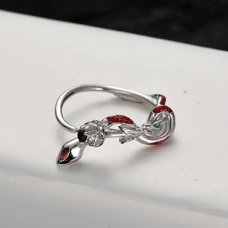 ICEBELA Factory Designer Inspired S925 Sterling Silver Enamel Red Rose Snake Shape Party Opening Ring Women