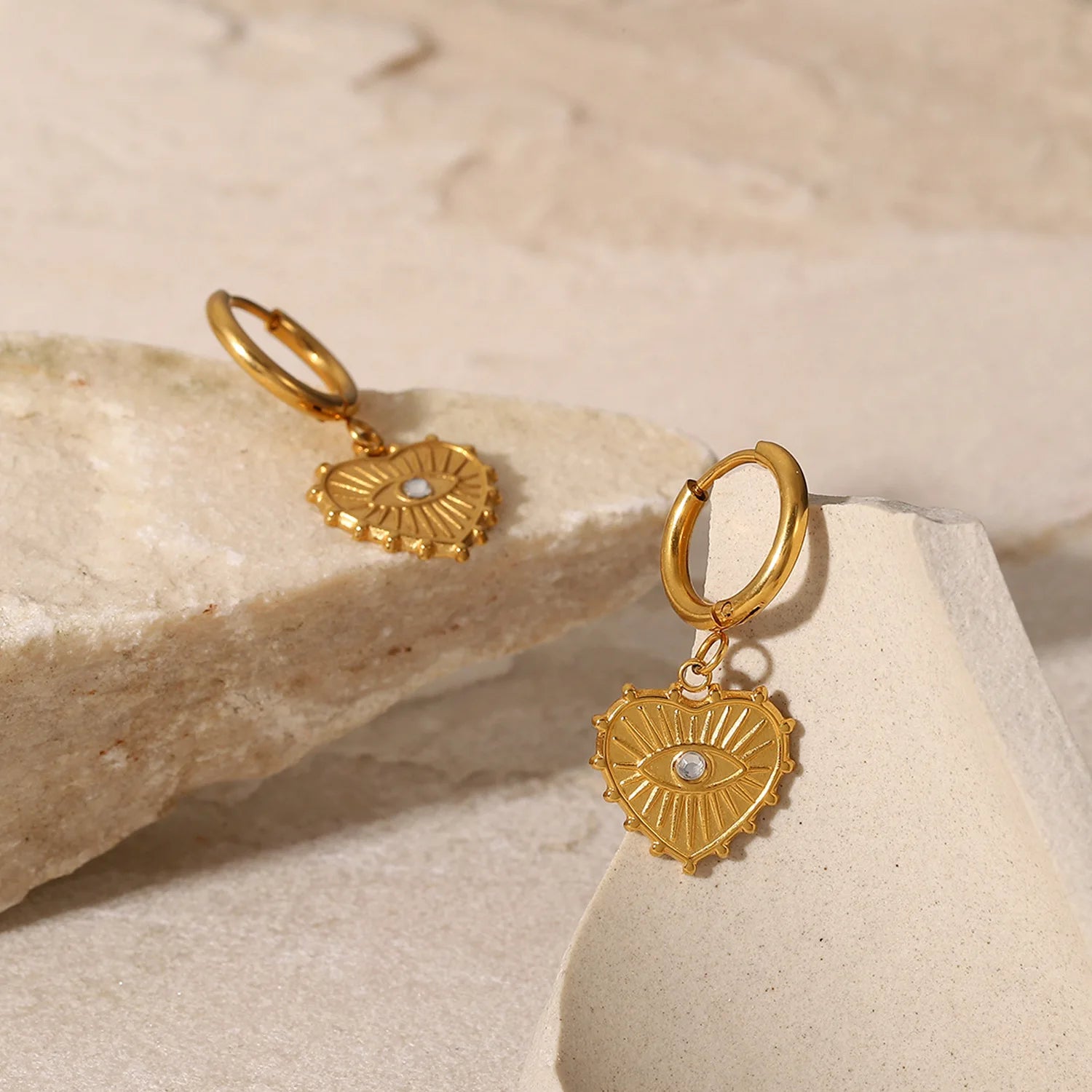 Waterproof Tarnish Free Hypoallergenic Devil Eye Heart Shaped Pendant Earrings 18K Gold Plated Stainless Steel Earrings Jewelry