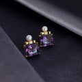Vintage Luxury 18K Gold Plating Pure 925 Sterling Silver Square Amethyst Zircon Pearl Stud Earrings for Women Girls