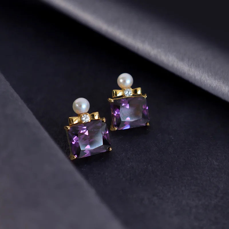 Vintage Luxury 18K Gold Plating Pure 925 Sterling Silver Square Amethyst Zircon Pearl Stud Earrings for Women Girls