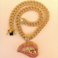 13MM Width Big Cuban Chain With Alloy and Hip Hop pink Rhinestone Lips Pendant Necklace