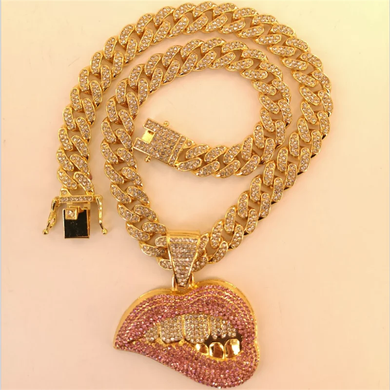 13MM Width Big Cuban Chain With Alloy and Hip Hop pink Rhinestone Lips Pendant Necklace