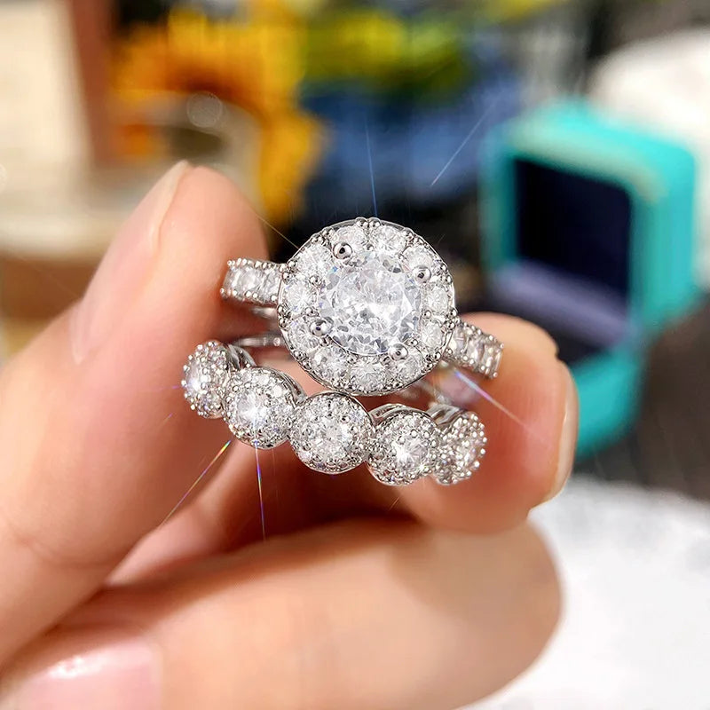 CAOSHI Fashion Wholesale Silver Plating Wedding Engagement Rings Manufacturer Zircon Diamond Round Cut Rings Set for Women