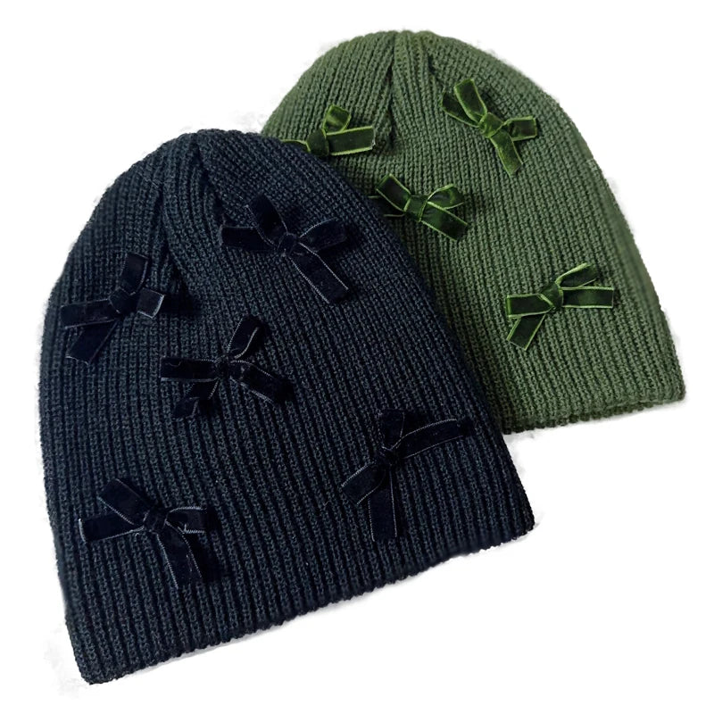 Custom Design Bow Style Acrylic Knitted Hats Women Fashion Factory Wholesale Cheap Knit Beanies Solid Color Winter Hats