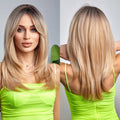 HAIRCUBE Wigs Factory Medium Long Straight Hair for Women Ombre Brown to Blonde Wig with Side Part Bangs/Fringe Synthetic Wigs