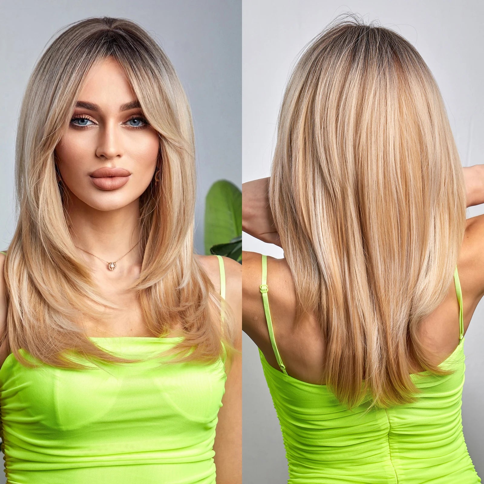 HAIRCUBE Wigs Factory Medium Long Straight Hair for Women Ombre Brown to Blonde Wig with Side Part Bangs/Fringe Synthetic Wigs