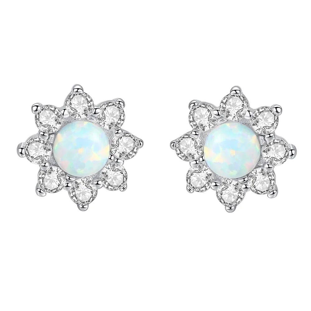 CZCITY S925 Sterling Silver Earrings Christmas Gift 18K White Gold Flower CZ Opal Silver Earrings