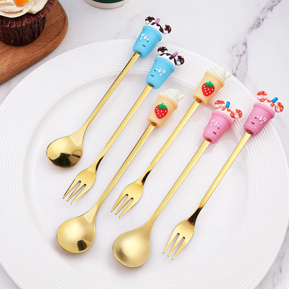 Creative Stainless Steel Cute Milk Tea Spoon Fork Tableware Dessert Spoon Silverware Tableware Set Stirring Spoon