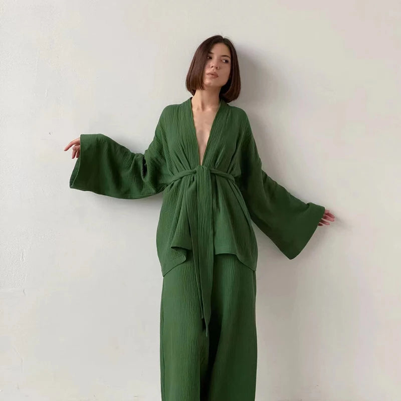 Wholesale Summer Elegant Cotton Line Sets Casual Loose Fit Comfy Pants V Neck 2 Piece Set Women Tie Shirts  Loose Pants Sets
