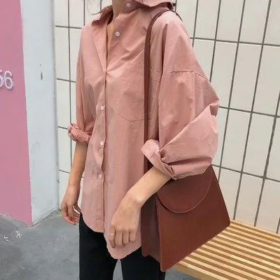Spring Autumn Women Shirts White Plain Loose Oversized Blouses Female Tops Loose  Korean Style Pockets