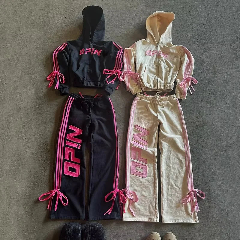 OEM Custom 400gsm French Terry Cotton Two Pcs Jogger Sets Unisex Zip Hoodie Sweatpants Women Embroidered Patch Straps Tracksuit