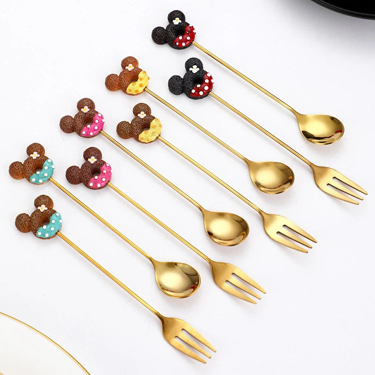 Food Grade 304 Stainless Steel Spoon Fork Set Sweet Design Colored Cartoon Cute Teaspoon Gold Coffee Spoon and Fork