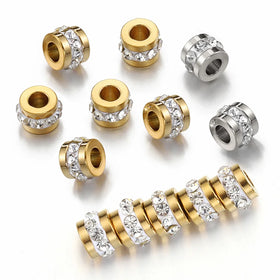 Stainless Steel Rhinestone Large-hole Spacer Beads 18K Gold-plated Bracelet Loose Beads DIY Jewelry Accessories