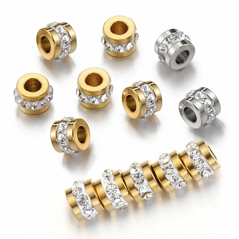 Stainless Steel Rhinestone Large-hole Spacer Beads 18K Gold-plated Bracelet Loose Beads DIY Jewelry Accessories