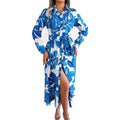 RNSHANGER Women Printing Long Skirt Wrap Dress Temperament Square Collar Tie Waist Dress Midi Full Sleeves Dresses