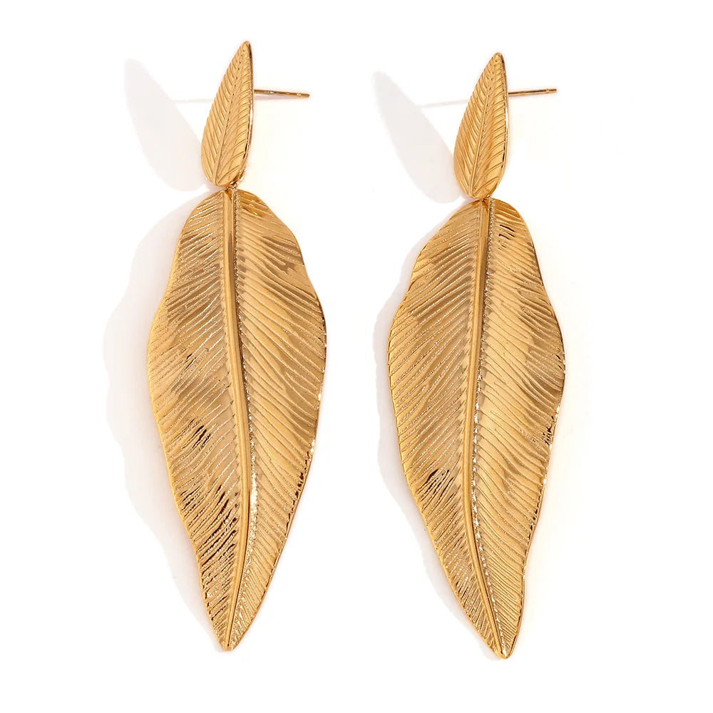 New Arrival Bohemian 18K Gold Plated Stainless Steel Jewelry Big Leaf Pendant Drop Earrings
