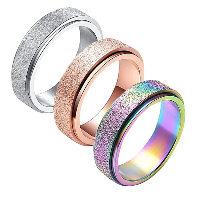 Cool Fidget Band Rings Wide Sandblast Finish Lucky Stress Relieving Ring Stainless Steel Spinner Rings for Women Mens