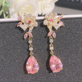 New Trendy Women Fashion Flower Pink Stone Crystal Engagement Drop Pendant Trendy Stud Earrings Bridal Jewelry Wedding Earrings