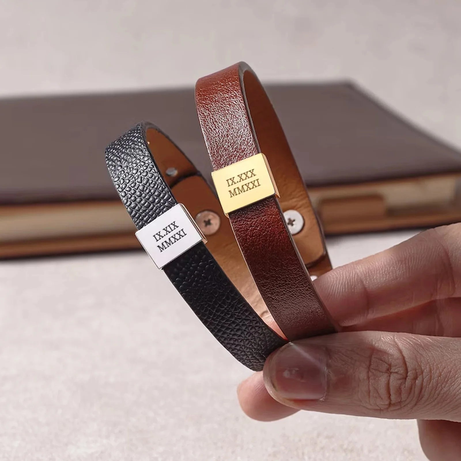 Adjustable Men Bracelets Leather Stainless Steel Blank Charm Custom Engraved ID Bracelets for Son Husband Fathers Day Gifts