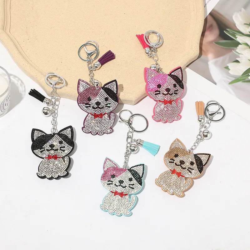 New Cartoon Korean Velvet Rhinestone Cat Keychain Pendant Cute Meow Meow Bag Tassel Pendant Female Customization