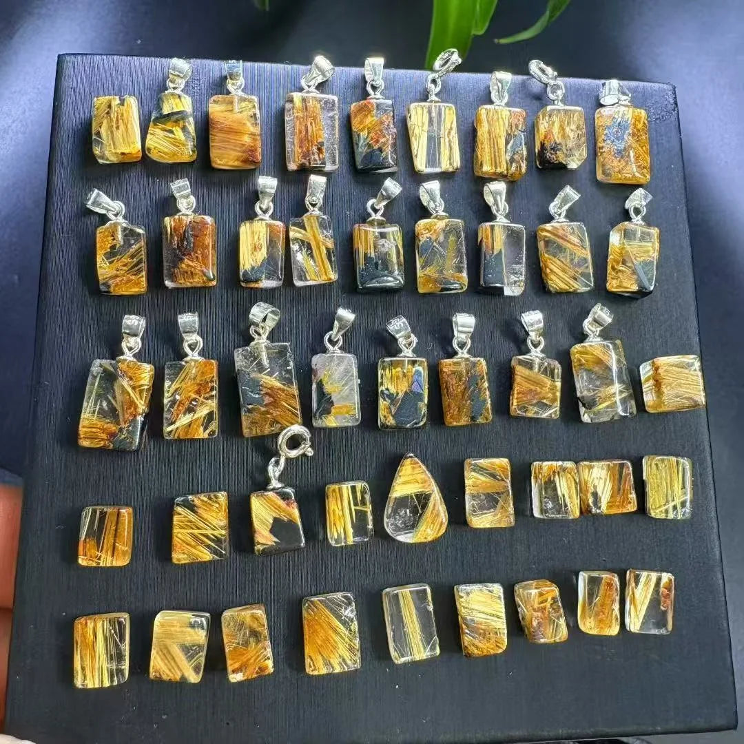 925 Sterling Silver Small Gold Rutilated Quartz Natural Crystal Healing Pendant for Recruiting the Wealth